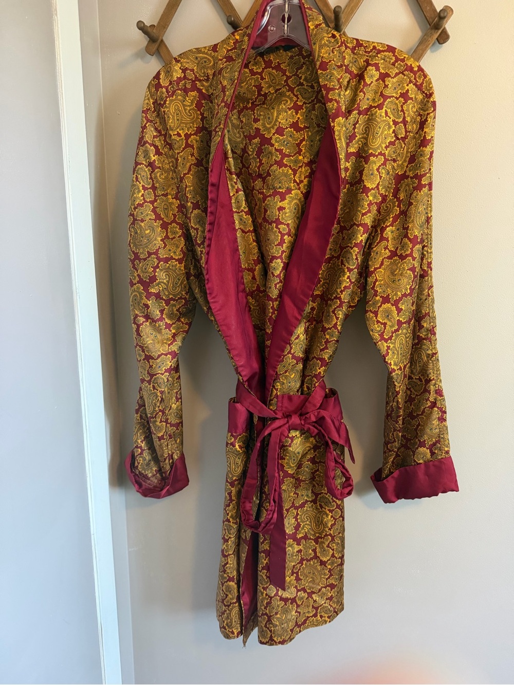 St Michael Vintage Tricel Paisley Dressing Gown Robe Burgundy Gold L